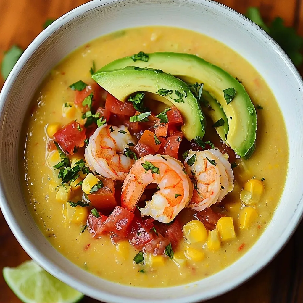 Chilled Corn Soup with Shrimp, Avocado and Tomato Relish