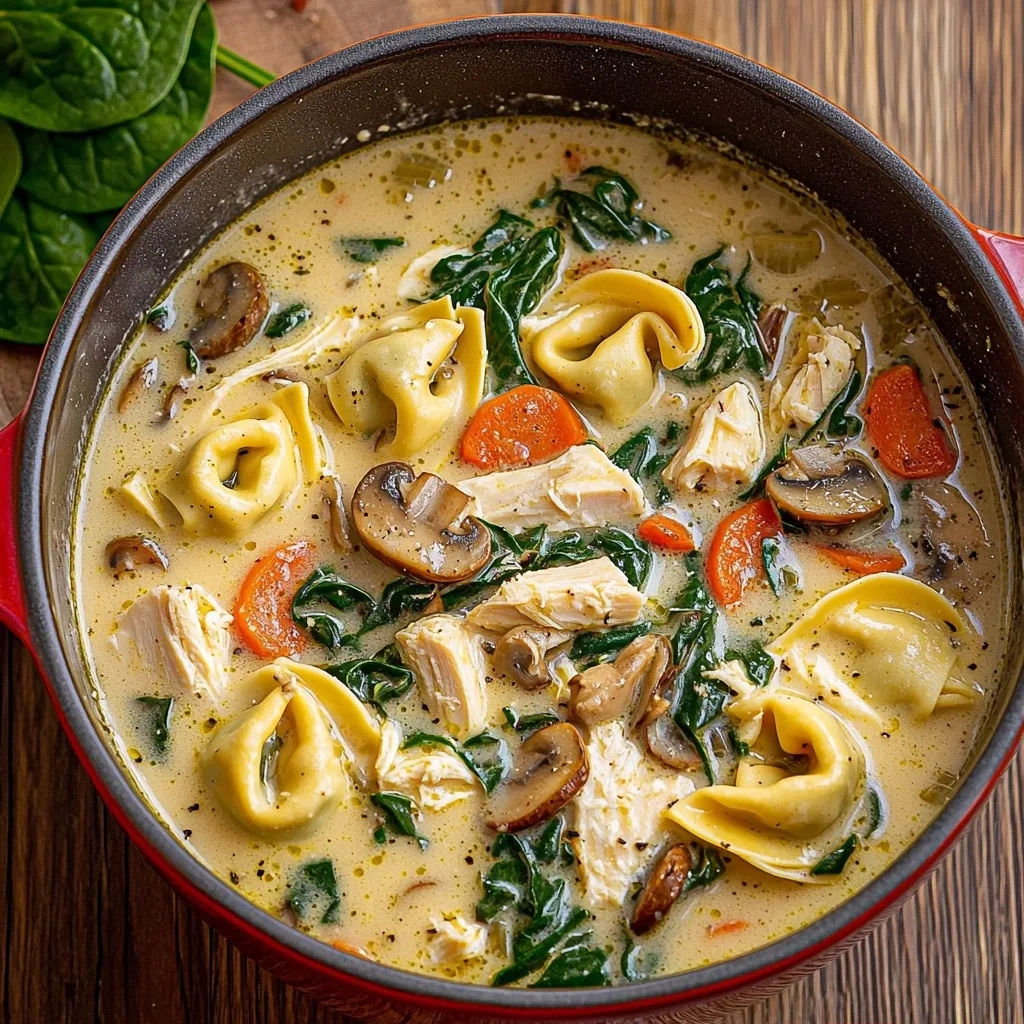 Creamy Chicken, Spinach and Mushroom Tortellini Soup