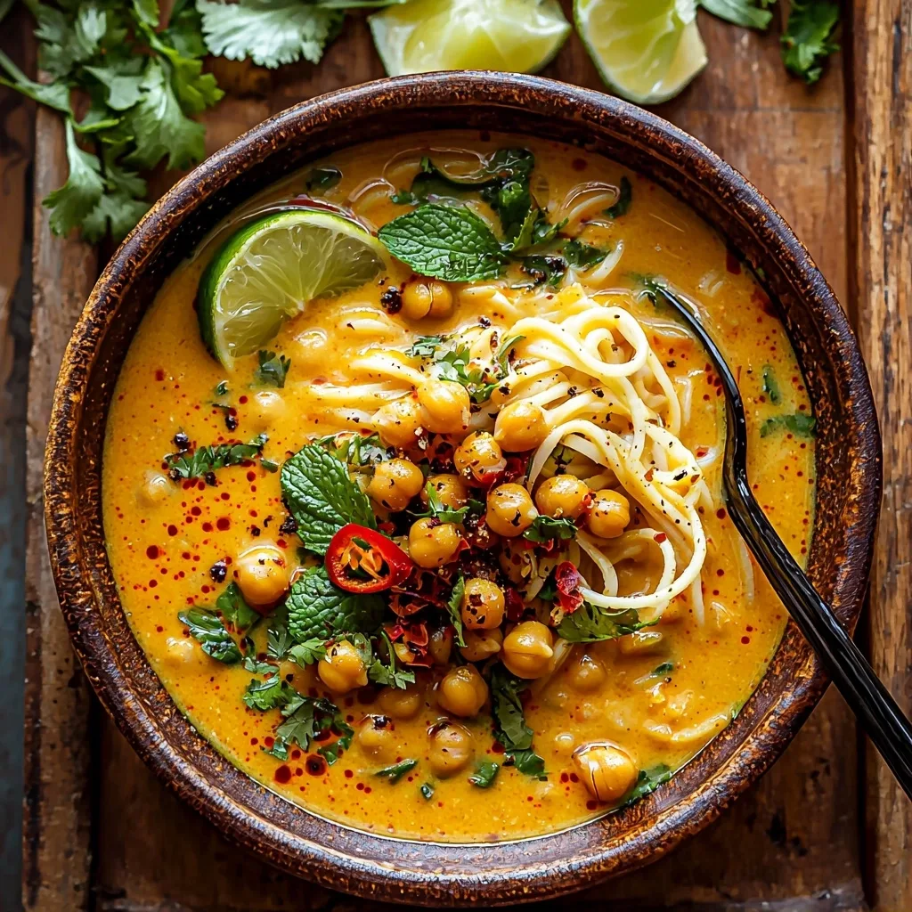 30 Minute Coconut Curry Noodle Soup with Chili Crisp Chickpeas