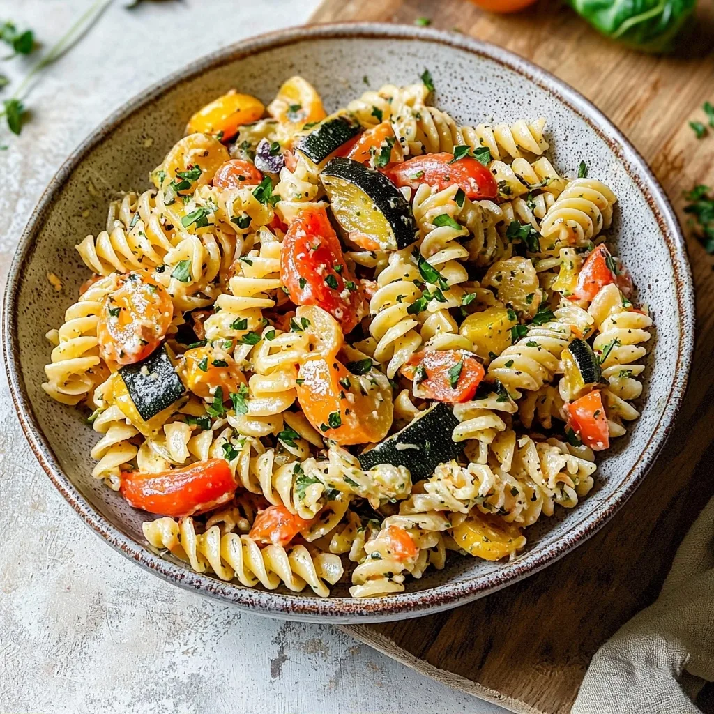 Roasted Vegetable Pasta Salad with Tahini Maple Dressing