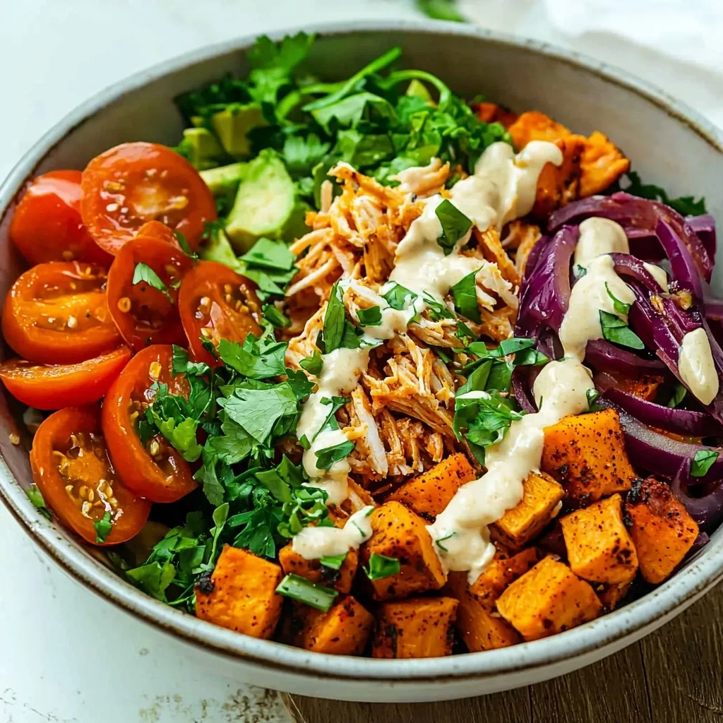 Spicy Sweet Potato Bowls with Shredded Chicken