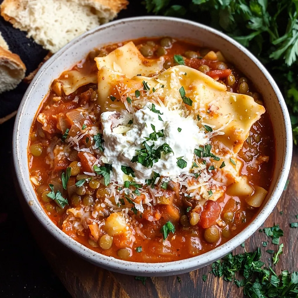 Slow Cooker Vegetarian Lentil Lasagna Soup