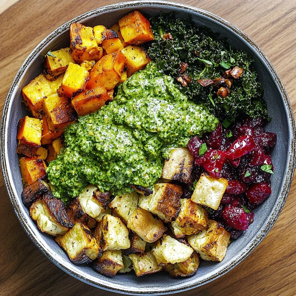 Fall Harvest Buddha Bowl With Kale Pesto Dressing