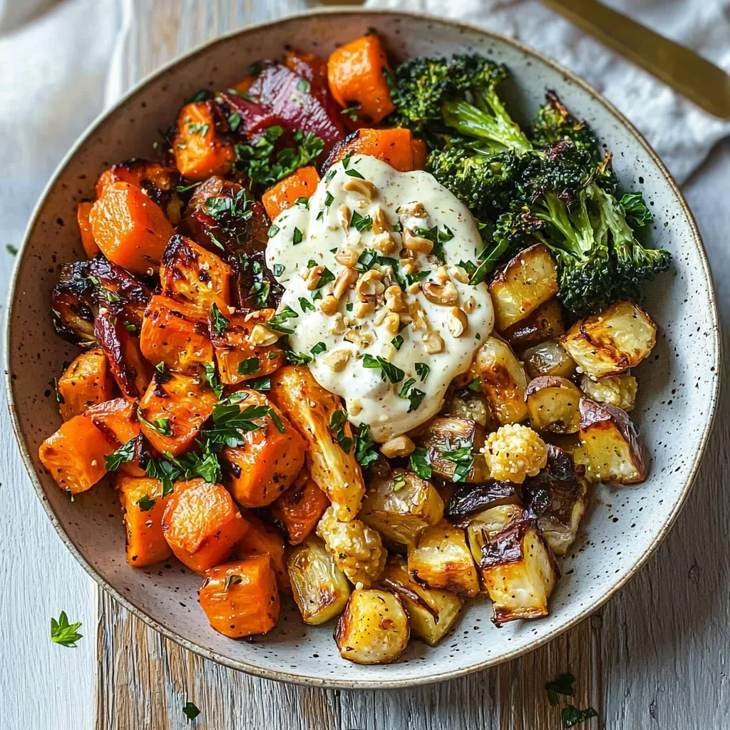 Glow Bowl with Roasted Veggies and Tahini Yogurt Sauce