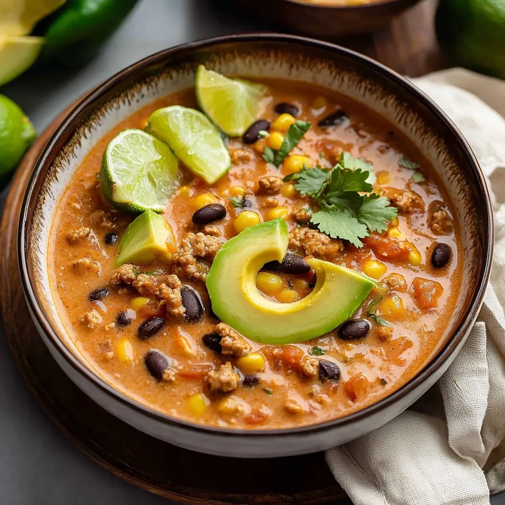 Creamy Taco Soup with Avocado and Lime
