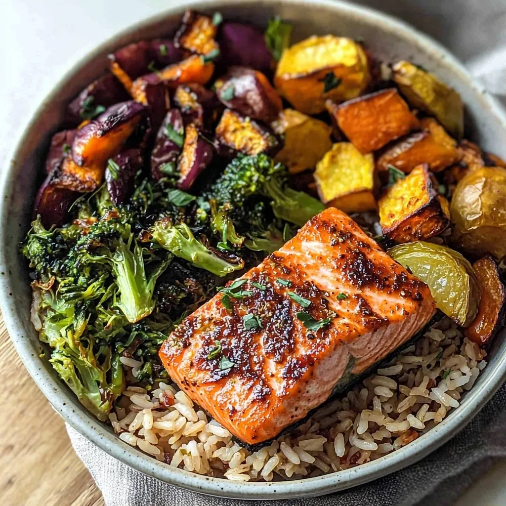 Healthy Salmon Rice Bowl Recipe with Roasted Veggies