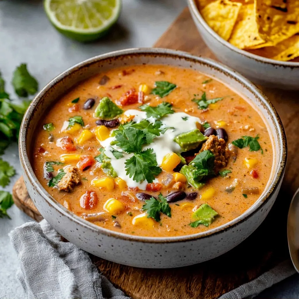 Creamy Taco Soup with Cilantro and Lime Crema