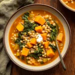Pumpkin Sweet Potato Soup with Barley and Kale