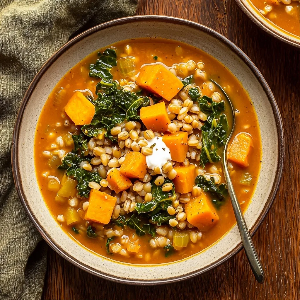Pumpkin Sweet Potato Soup with Barley and Kale